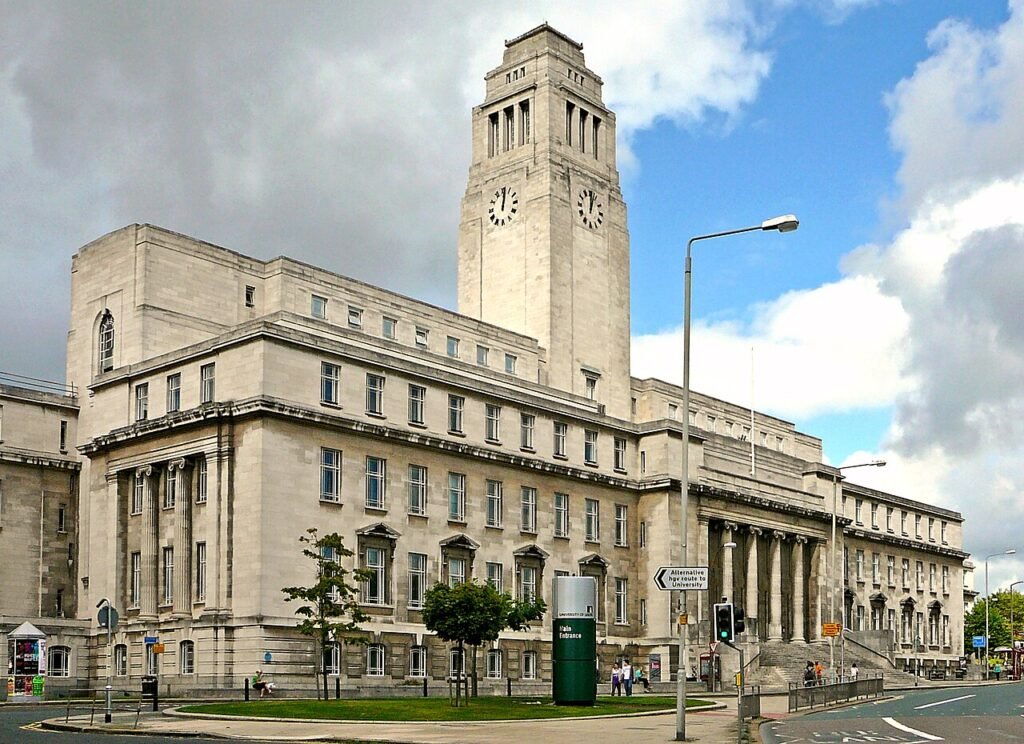 The Parkinson Building, a white stone university building with a clock tower at the University of Leeds in England